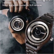 クリエイティブレンズ木製腕時計、パーソナライズクォーツ腕時計、メンズのレトロな時計ファッションスポーツ時計レロジオ