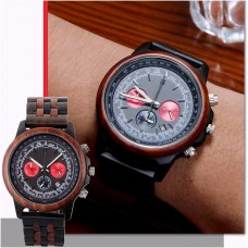 メンズクォーツ時計,ファッショナブルな木製腕時計,多機能クロノグラフ,メンズレッド