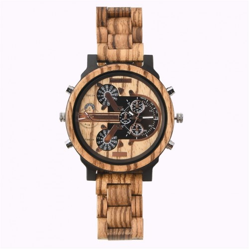 木製腕時計メンズファッションクォーツ腕時計montre en bois大ダイヤルダブルタイムゾーンの高級ビジネスウッド時計のメンズ