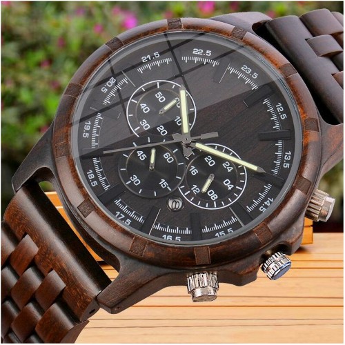 メンズのウッド腕時計、リロイ · デマデラ、多機能クォーツ腕時計montre bois、レトロ24時間時計gif、木製の時計メンズ